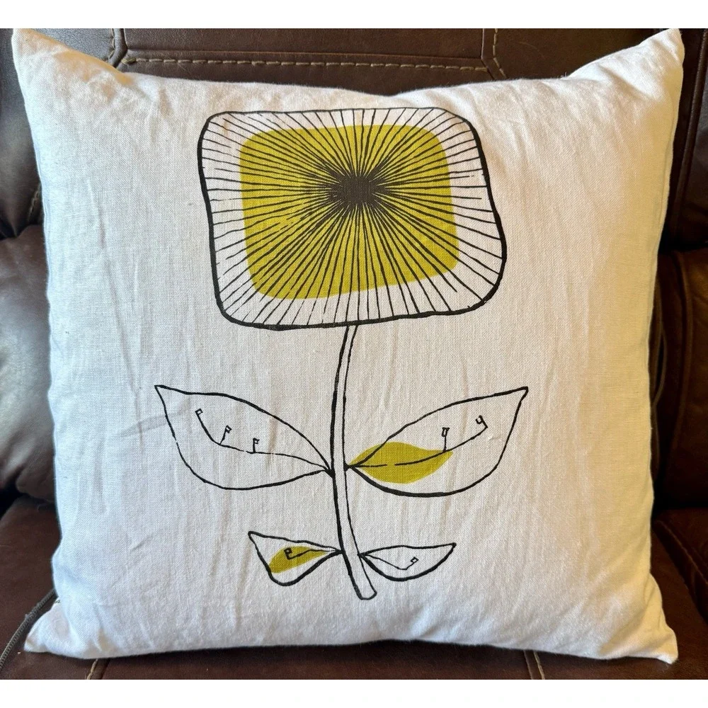 Modern Linen Floral Pillow 20x20 Mustard Yellow‎ Black Print w/ Feather Insert